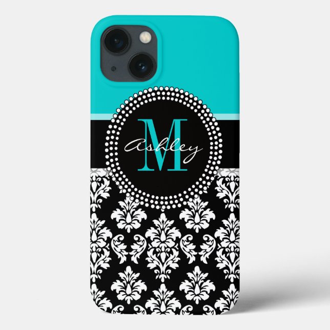 Girly Aqua Black Damask Your Monogram Name Case-Mate iPhone Case (Back)
