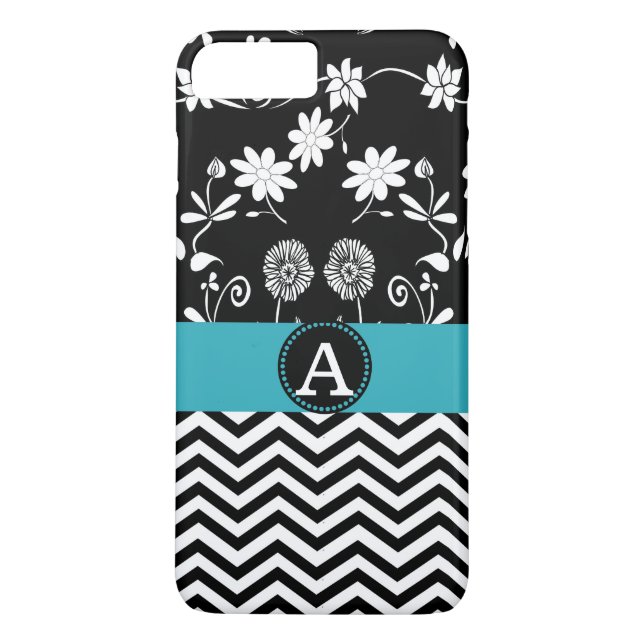 Girly Aqua Black & White Chevron Monogram Name Case-Mate iPhone Case (Back)