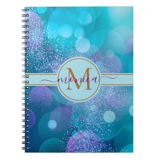 Girly Aqua Blue Bokeh Gold Glitter Monogram Name Notebook (Front)