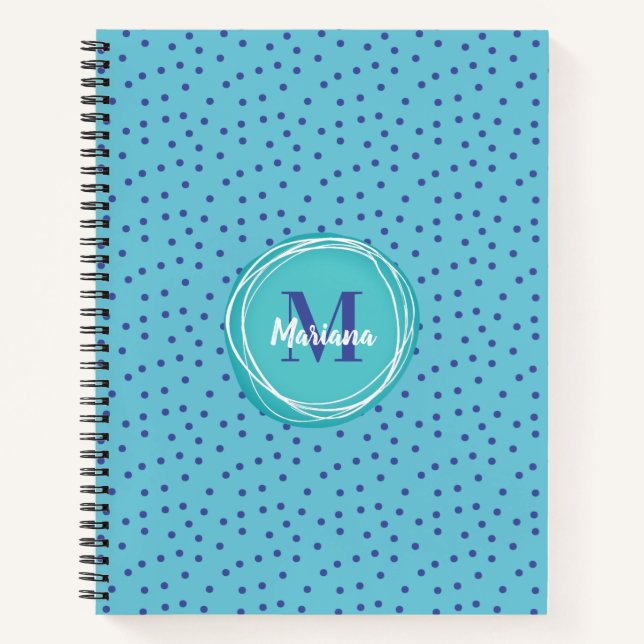 Girly Aqua Blue Dots Pattern Monogram Notebook (Front)