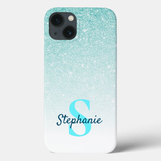 Girly Aqua Blue Glitter Ombre Monogram Case-Mate iPhone Case (Back)