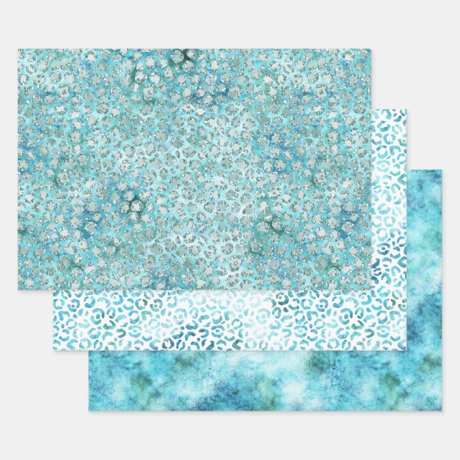 Girly Aqua Blue Glitzy Glam Glitter Leopard Print Wrapping Paper Sheet (Set)