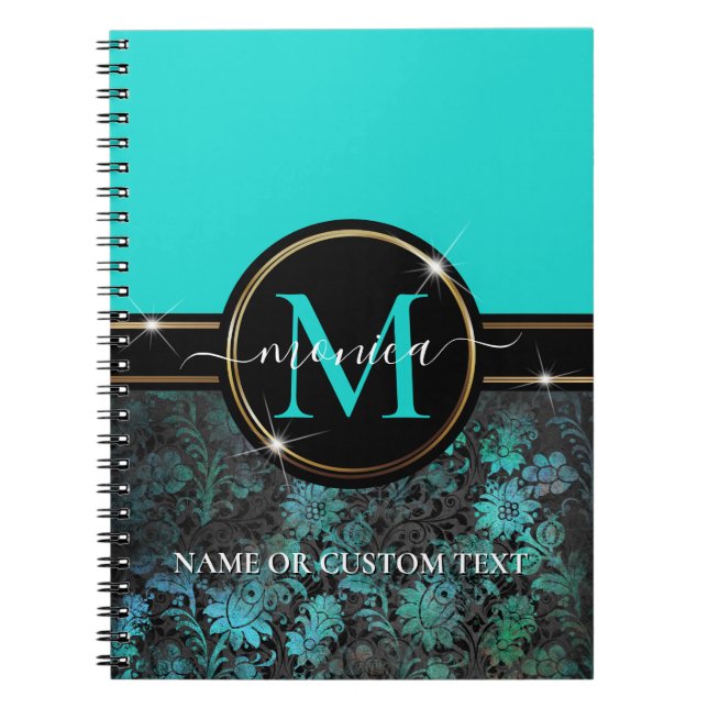 Girly Aqua Blue Grunge Damask Gold Frame Monogram Notebook (Front)