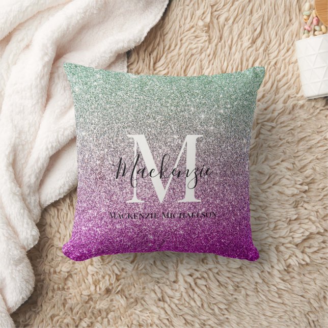 Girly Aqua Blue Pink Ombre Glitter Monogram Name  Cushion (Blanket)