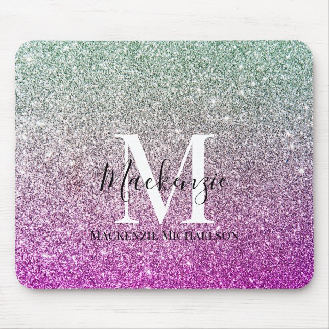 Girly Aqua Blue Pink Ombre Glitter Monogram Name   Mouse Pad (Front)