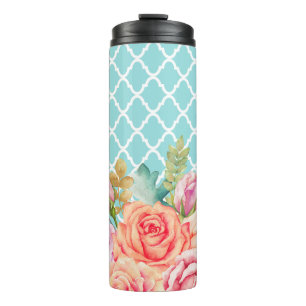 Girly Aqua Blue Quatrefoil Peach Rose Floral Thermal Tumbler