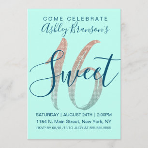 Girly Aqua Blue Rose Gold Sequin Glitter Sweet 16 Invitation
