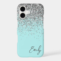 Girly Aqua Blue Silver Glitter Monogram
