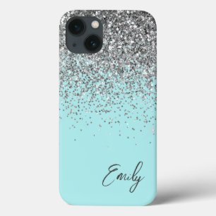 Girly Aqua Blue Silver Glitter Monogram iPhone 13 Case