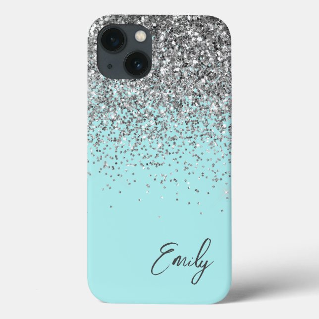 Girly Aqua Blue Silver Glitter Monogram Case-Mate iPhone Case (Back)