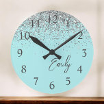 Girly Aqua Blue Silver Glitter Monogram Large Clock<br><div class="desc">Girly Aqua Blue and Silver Sparkle Glitter Brushed Script Monogram Name Clock. This makes the perfect sweet 16 birthday,  wedding,  bridal shower,  anniversary,  baby shower or bachelorette party gift for someone that loves glam luxury and chic styles.</div>