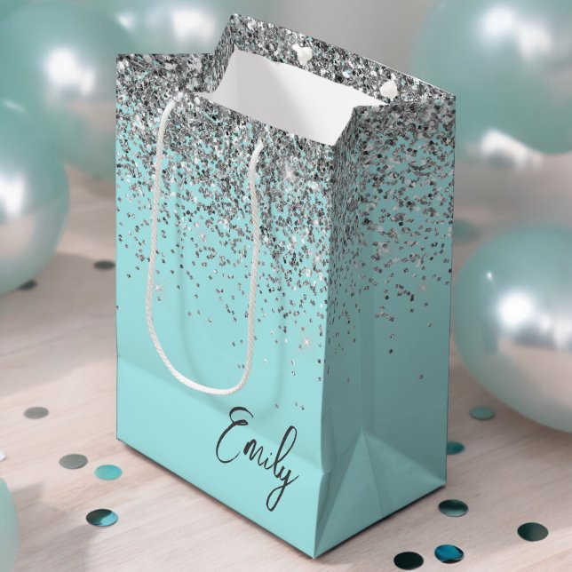 Girly Aqua Blue Silver Glitter Monogram Medium Gift Bag (Creator Uploaded)