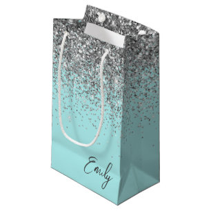Girly Aqua Blue Silver Glitter Monogram Small Gift Bag