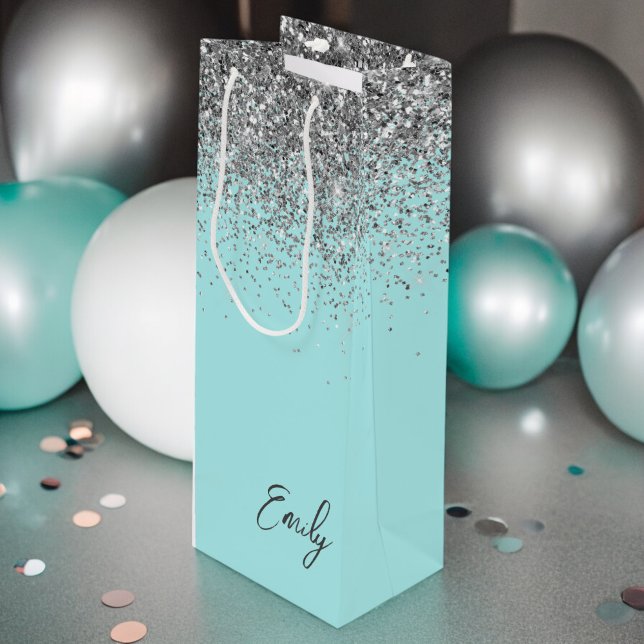 Girly Aqua Blue Silver Glitter Monogram Wine Gift Bag (Creator Uploaded)