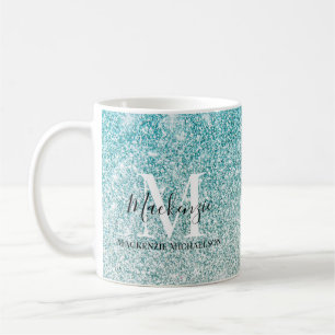 Girly Aqua Blue Silver Ombre Glitter Monogram Name Coffee Mug