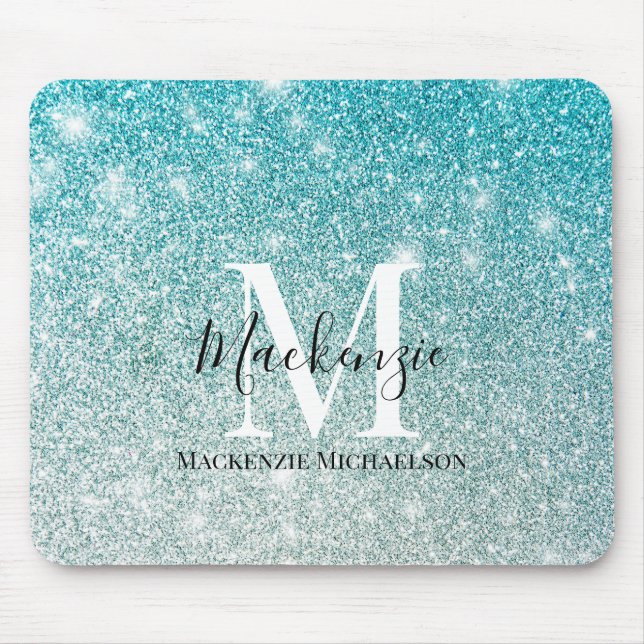 Girly Aqua Blue Silver Ombre Glitter Monogram Name Mouse Pad (Front)