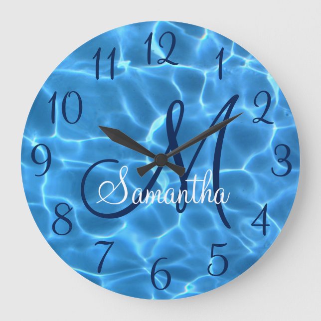 Girly Aqua Blue Swimming Pool Photo Monogram Large Clock (Front)