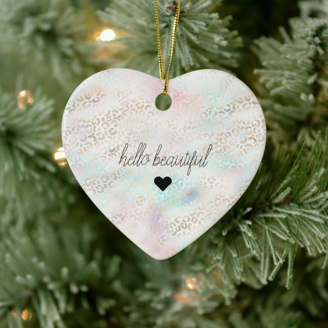 Girly Aqua Blush Pink Gold Leopard Print Heart Ceramic Ornament (Tree)
