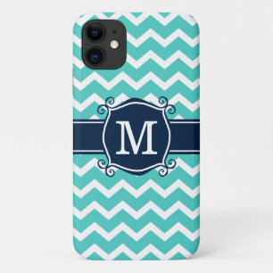 Girly Aqua Chevron Navy Custom Monogram iPhone 11 Case