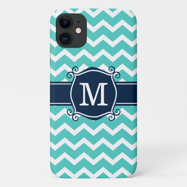 Girly Aqua Chevron Navy Custom Monogram Case-Mate iPhone Case (Back)