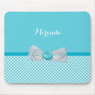 Girly Aqua Gingham Cute Pearls Rose Bow With Name Mouse Pad
