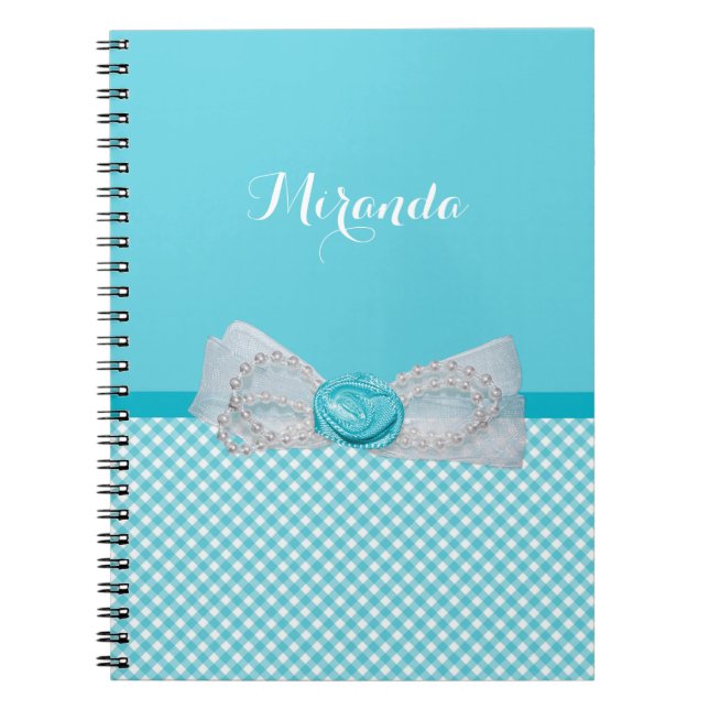 Girly Aqua Gingham Cute Pearls Rose Bow With Name Notebook (Front)