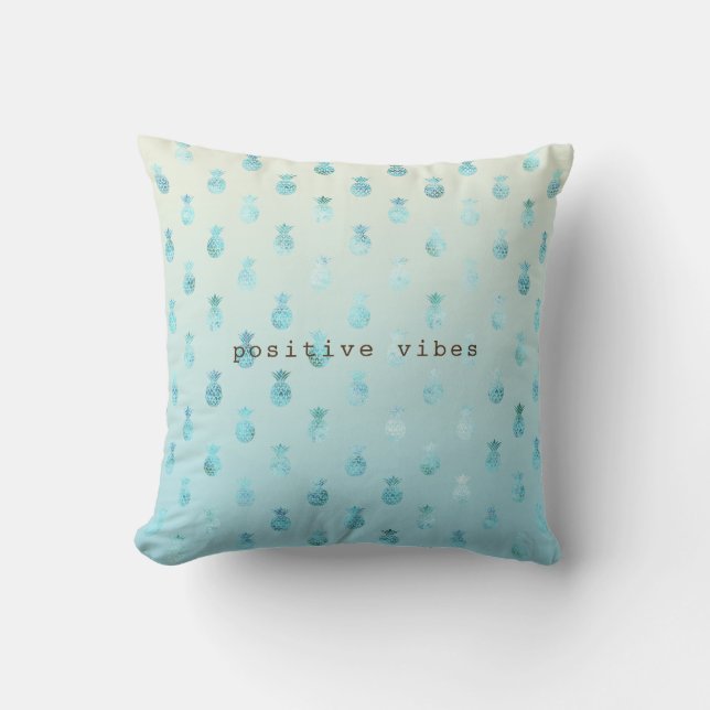 Girly Aqua Glam Tropical Pineapples Ombre Cushion (Front)