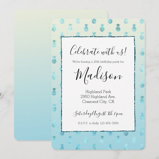 Girly Aqua Glam Tropical Pineapples Ombre Invitation (Front/Back)