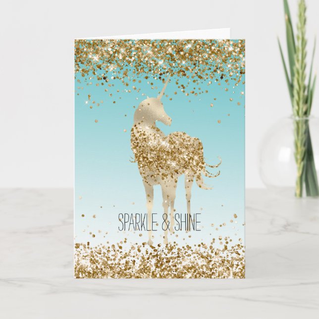 Girly Aqua Gold Confetti Glitter Unicorn Card (Front)