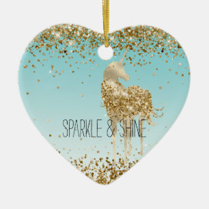 Girly Aqua Gold Confetti Glitter Unicorn Ceramic Ornament
