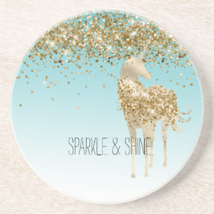 Girly Aqua Gold Confetti Glitter Unicorn Coaster