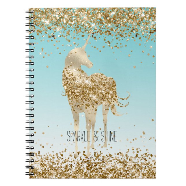 Girly Aqua Gold Confetti Glitter Unicorn Notebook (Front)