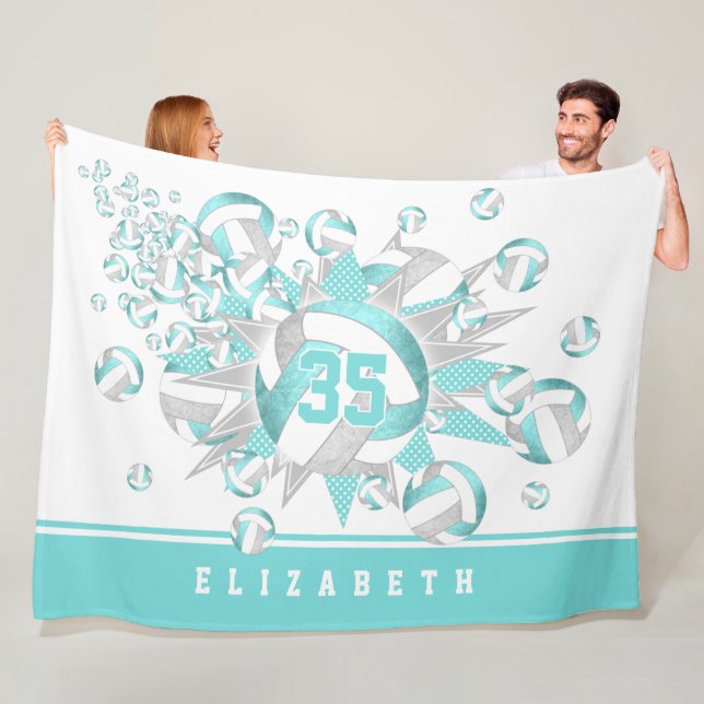 girly aqua grey volleyballs and stars fleece blanket (In Situ)