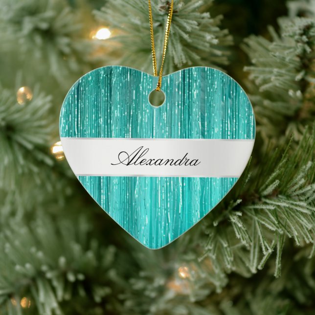 Girly Aqua Mint Glam Glitzy Tinsel Stripes  Ceramic Ornament (Tree)