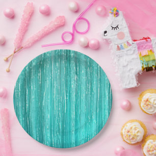 Girly Aqua Mint Glam Tinsel Stripes Paper Plate