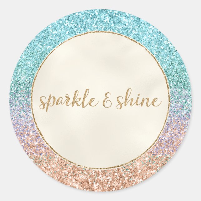 Girly Aqua Peach Gold Purple Mint Mermaid Glitter Classic Round Sticker (Front)