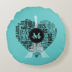 Girly Aqua Personalizable Gift Love Paris Round Cushion