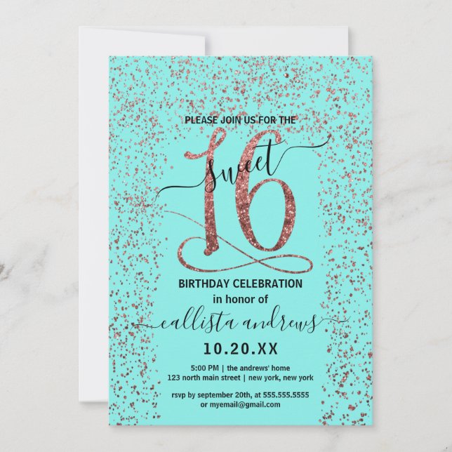 Girly Aqua Rose Gold Confetti Border Sweet 16 Invitation (Front)