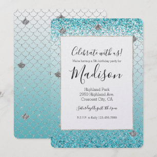 Girly Aqua Silver Glitter Sparkle Mermaid Birthday Invitation