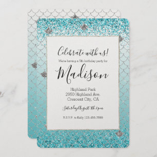Girly Aqua Silver Glitter Sparkle Mermaid Invitation