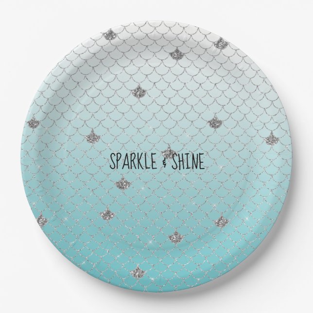 Girly Aqua Silver Glitter Sparkle Mermaid Paper Plate (Front)