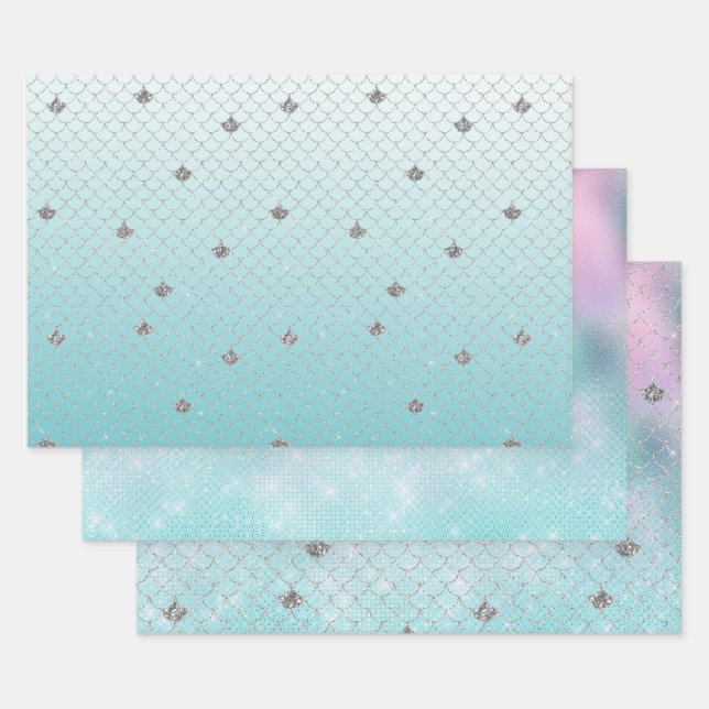 Girly Aqua Silver Glitter Sparkle Mermaid Wrapping Paper Sheet (Set)