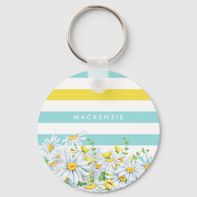 Girly Aqua Stripes With Yellow Daisies and Name Key Ring (Front)