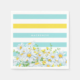 Girly Aqua Stripes With Yellow Daisies and Name Napkin