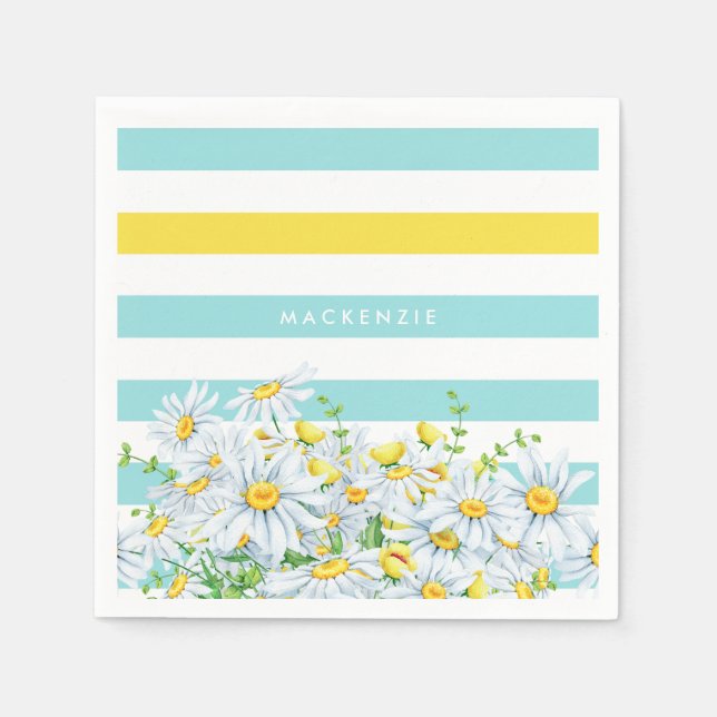 Girly Aqua Stripes With Yellow Daisies and Name Napkin (Front)