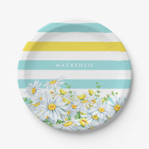 Girly Aqua Stripes With Yellow Daisies and Name Paper Plate