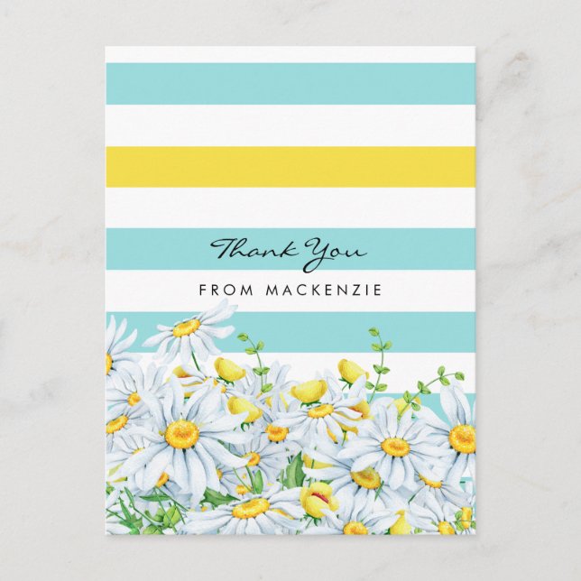 Girly Aqua Stripes With Yellow Daisies Thank You Postcard (Front)