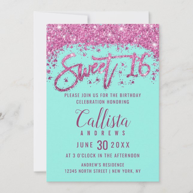Girly Aqua Teal Bright Pink Glitter Dust Sweet 16 Invitation (Front)