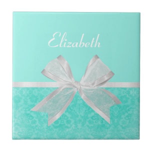 Girly Aqua Turquoise Damask White Ribbon With Name Ceramic Tile
