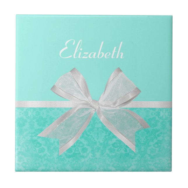 Girly Aqua Turquoise Damask White Ribbon With Name Ceramic Tile (Front)
